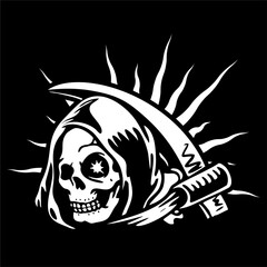vector illustration tracing artwork of a grim reaper death calling invite to death with. Can be used as Logo, Brands, Mascots, tshirt, sticker,patch and Tattoo design.