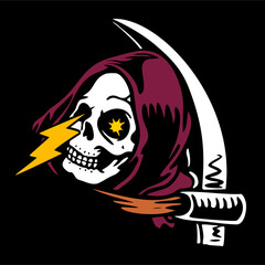 vector illustration tracing artwork of a grim reaper death calling invite to death with. Can be used as Logo, Brands, Mascots, tshirt, sticker,patch and Tattoo design.