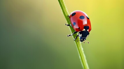 Fototapeta premium Macro image of a ladybug climbing up a plant stem.