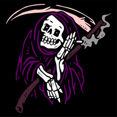 vector illustration tracing artwork of a grim reaper death calling invite to death with. Can be used as Logo, Brands, Mascots, tshirt, sticker,patch and Tattoo design.