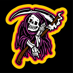 vector illustration tracing artwork of a grim reaper death calling invite to death with. Can be used as Logo, Brands, Mascots, tshirt, sticker,patch and Tattoo design.