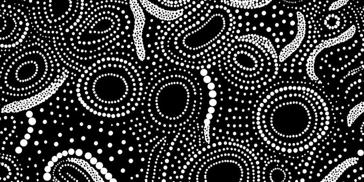 Black and white handdrawn polka dot animal pattern with aboriginal art style. Concept Animal Art, Polka Dots, Black and White, Hand Drawn, Aboriginal Style