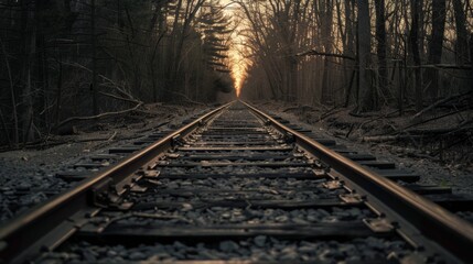 endless train or railroad track, trees to the left and right, leads to the sunny horizon, 16:9