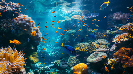 Fototapeta premium An enchanting underwater view of a coral reef filled with diverse marine life. Colorful fish swim among vibrant corals, creating a lively and mesmerizing scene that showcases the beauty of the ocean.
