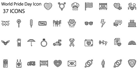 set of 37 outline web world pride day icons such as drum, cocktail, cap, balloons, heart wings, letter, garland, shield vector thin line icons for web design, mobile app.