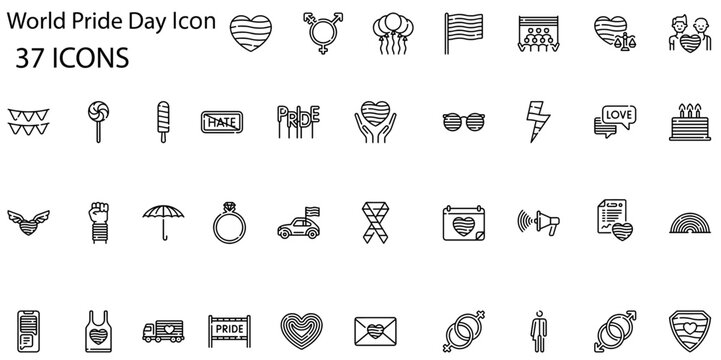 set of 37 outline web world pride day icons such as drum, cocktail, cap, balloons, heart wings, letter, garland, shield vector thin line icons for web design, mobile app.

