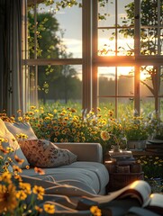 The Perfect Cozy House Setting in an Open Field as the Sun Sets