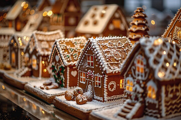 Gingerbread House with White Icing and Festive Candy Decorations