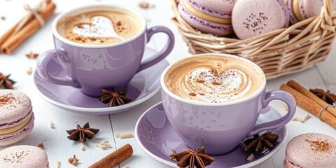 Two purple cups of cappuccino, star anise, wicker basket with macaroons, cinnamon sticks.