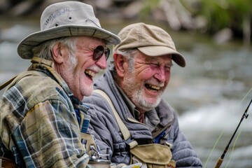 Fototapeta premium An older couple enjoys a peaceful fishing session on the banks of a serene river
