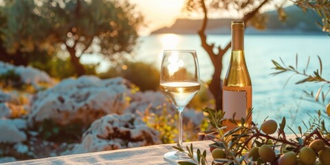 A serene scene with a glass of white wine on a table overlooking the Mediterranean Sea framed by an olive tree