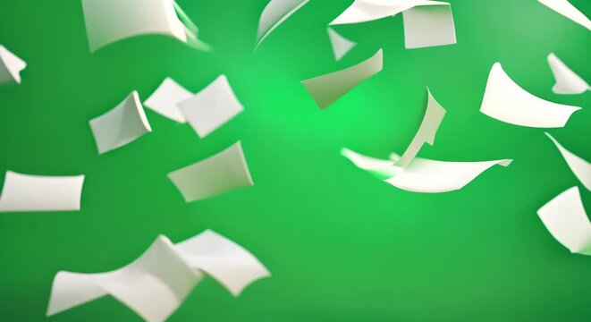 White falling page sheet paper floating isolated on green background.