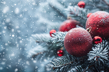 Red and Silver Christmas Ornaments in a Snowy Outdoor Setting
