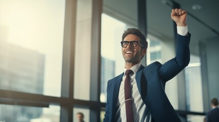 a businessman in a modern office, receiving a promotion, acknowledging his hard work and dedication.