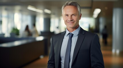 Fototapeta premium businessman in a modern office, with a friendly smile and approachable demeanor, putting a client at ease.