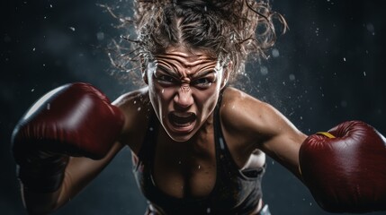 female boxer throwing a powerful punch, her eyes filled with determination and grit.