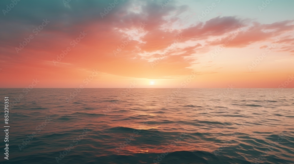Poster serene sunset over the ocean, with the sky reflecting the soft hues of the setting sun, creating a t
