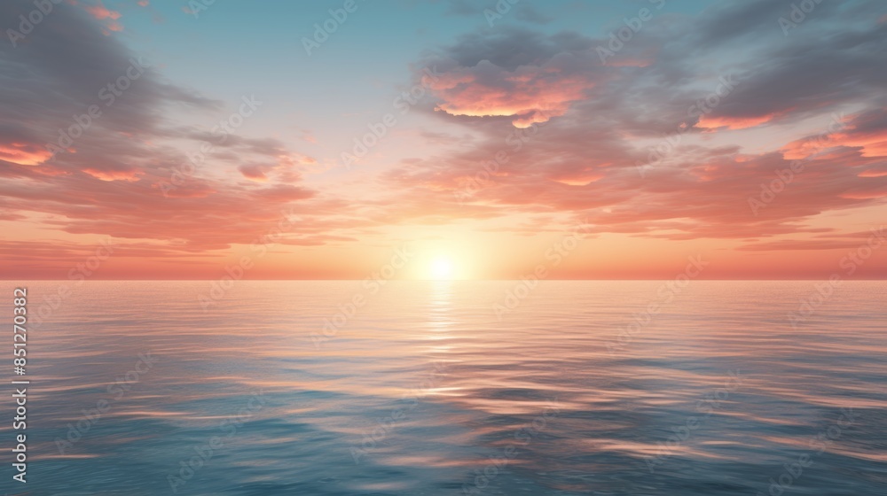 Wall mural serene sunset over the ocean, with the sky reflecting the soft hues of the setting sun, creating a tranquil and peaceful atmosphere - Wall murals