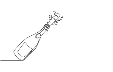 line art drawing of champagne bottle with shooting cork. champagne gold line art style. vector elements of new year, christmas and birthday celebrations. Continuous line drawing of champagne bottle ,