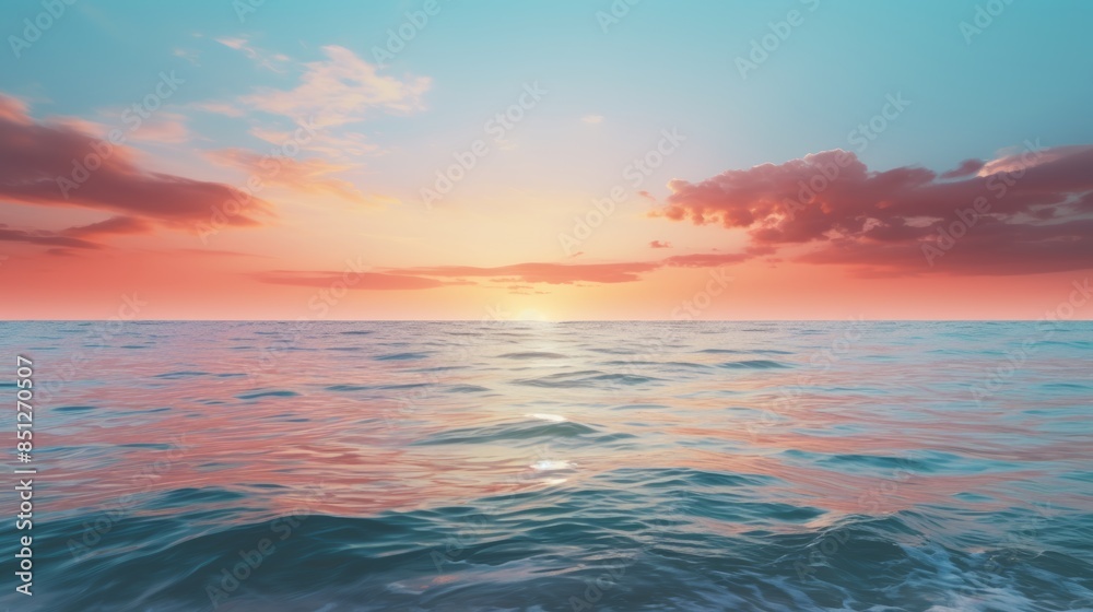 Poster serene sunset over the ocean, with the sky reflecting the soft hues of the setting sun, creating a t