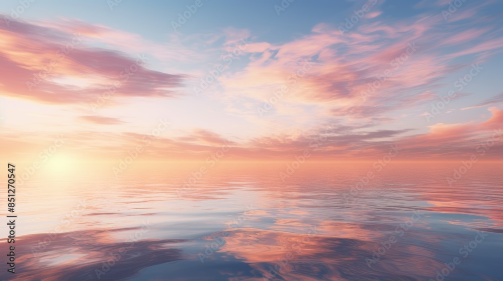 Poster serene sunset over the ocean, with the sky reflecting the soft hues of the setting sun, creating a t