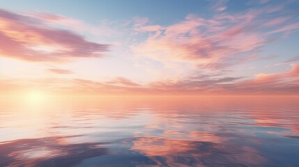 serene sunset over the ocean, with the sky reflecting the soft hues of the setting sun, creating a tranquil and peaceful atmosphere.