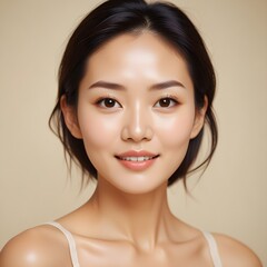 Portrait of a young Asian female with a luminous, bright glowing complexion accentuated by the effects of recent facial or beauty treatment, placed on a plain beige backdrop
