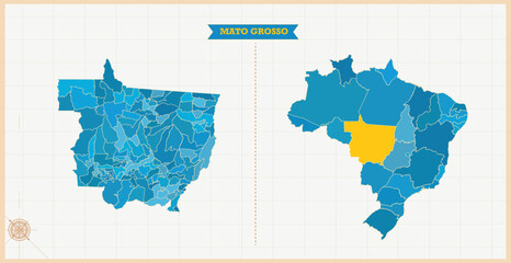 A Map highlighting Mato Grosso in the Brazil Map, Mato Grosso and Brazil modern map with Colorful Hi detailed Vector, geographical borders
