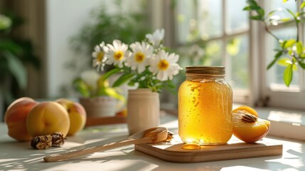 Peach jam jar with wooden spoon It sits on the kitchen table in a pristine white studio during the daytime. Designed for commercial advertising