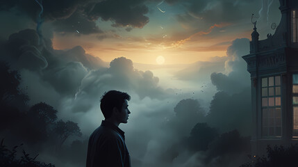 Fototapeta premium Depict the introspective state of mind by showing a person lost in thought, surrounded by a dreamlike, swirling mist