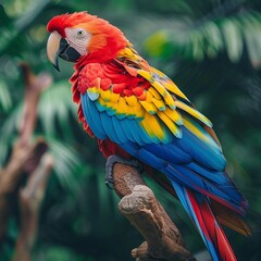 Fototapeta premium Vibrant parrot sitting on a tree branch, showing off its bright plumage.