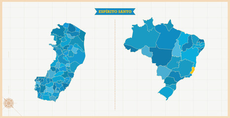 A Map highlighting Espirito Santo in the Brazil Map, Espirito Santo and Brazil modern map with Colorful Hi detailed Vector, geographical borders