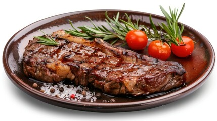 Steak in beautiful plate on white transparent background