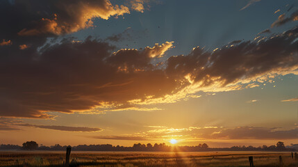 Illustrate a hopeful state of mind with a sunrise over a vast, open landscape, symbolizing new beginnings