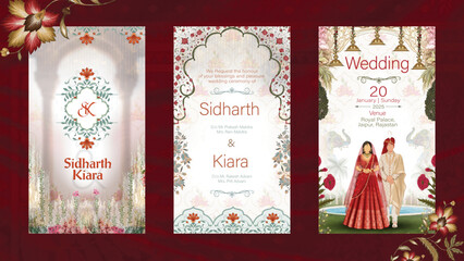 Royal traditional elegant Indian wedding ceremony invitation card with decorative and floral invite
