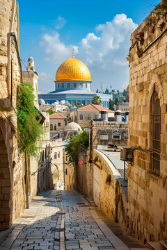 Cobblestone street in old city of Jerusalem with dome of the rock in background