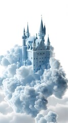 Majestic Castle Floating Among Ethereal Clouds on Pristine White Background