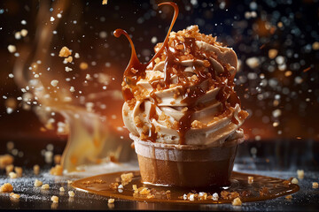 Close-up of a butterscotch cupcake with butterscotch sauce and sugar crystals flying around it. The background should be dark brown.