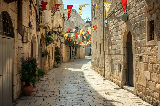 Decorated narrow alley with flags for Jerusalem Day celebration, a narrow street with buildings adorned by hanging flags