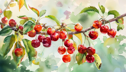 A painting of a cherry tree with many cherries on the branches