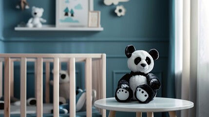 Panda doll in the newborn room with blue wall interior. Cute children toy.