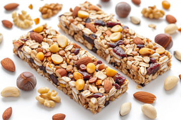 Protein bars with nuts, on white background. / muesli bar snack with nuts and wheat grain


