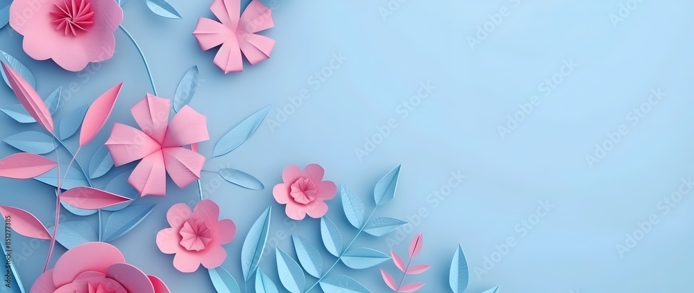 Canvas Prints delicate pink and blue paper craft layers in minimal abstract wallpaper background with floral copy 