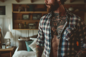 Fototapeta premium Bearded man in plaid shirt standing in a bedroom