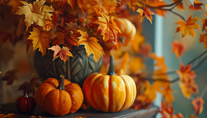 A vase of pumpkins and leaves sits on a table