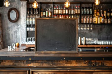 a blank black chalkboard standing on a bar - mock-up template