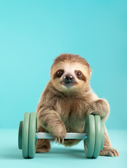 Cute baby sloth with dumbbells isolated on pastel blue background. Minimal creative concept of fitness exercise, strength training, animal humor, gym recreation, sport life or zoo.