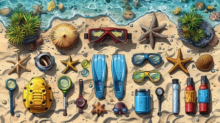 Assortments of snorkeling gear arranged on the sand