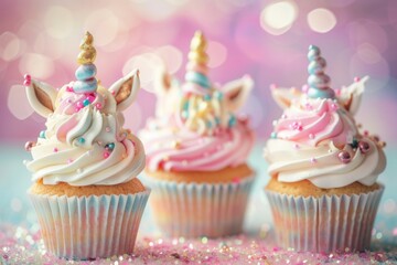 cupcakes decorated as unicorns against a bokeh glitter background in pastel colors