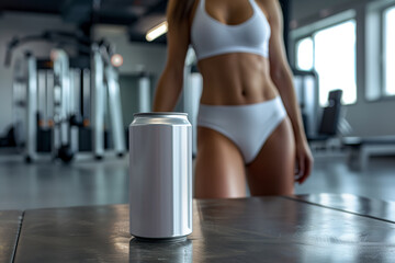 Naklejka premium A silver aluminum can sits on a metal table in a modern gym, while a woman in white athletic wear stands in the background, out of focus